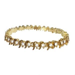 FANCY White Zirconias Stones On 10K Yellow Gold Plated Tennis Bracelet